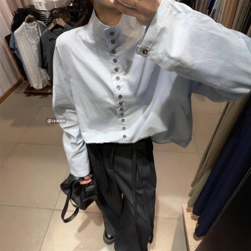 セットアップ レディース 韓国風 高級感 上品 スタンドカラー ボタン付き シャツ ハイウエスト フルレングス カジュアルパンツ 秋冬
