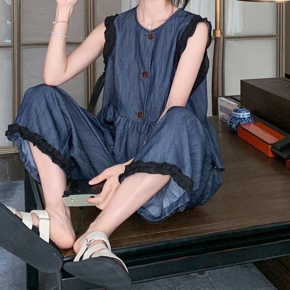レディース ツーピース ノースリーブ ティアードブラウス クロップドパンツ 韓国風 甘辛ミックス エイジレス 夏 カジュアル 細見え ポリエステル ダークネイビー