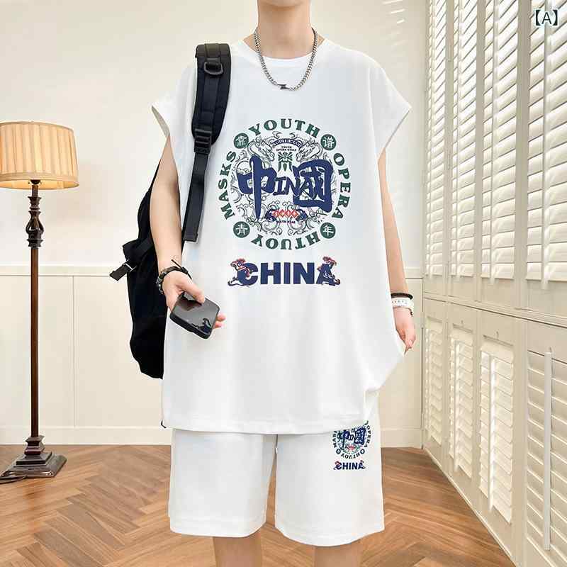 スポーツウェア セットアップ 男の子 ジュニア 大きいサイズ 中学生 春夏 タンクトップ ショートパンツ ゆったり 吸汗速乾 軽量 薄手 普段着 部屋着 カジュアル ポリエステル