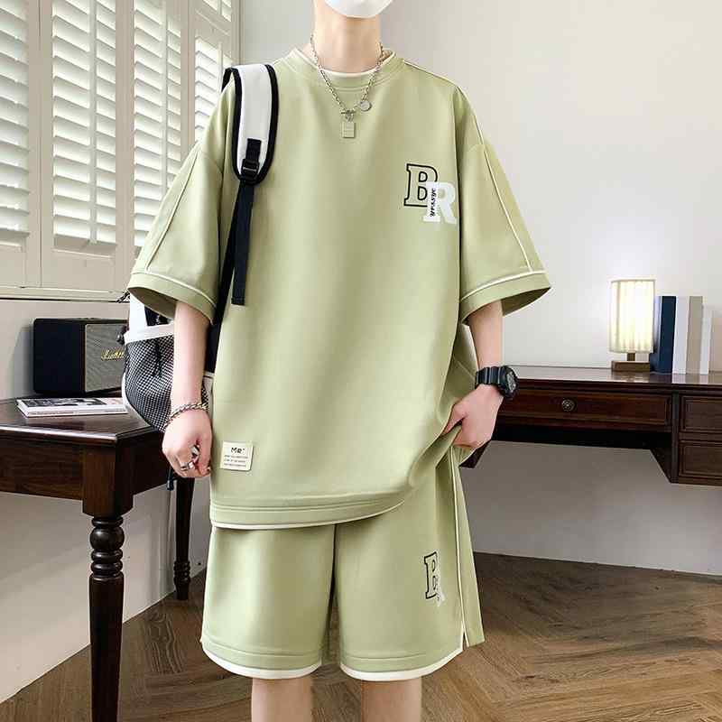セットアップ メンズ 半袖Tシャツ ショートパンツ カジュアル スポーツ 夏 薄手 ポリエステル アルファベットプリント 普段使い ルームウェア ツーピース