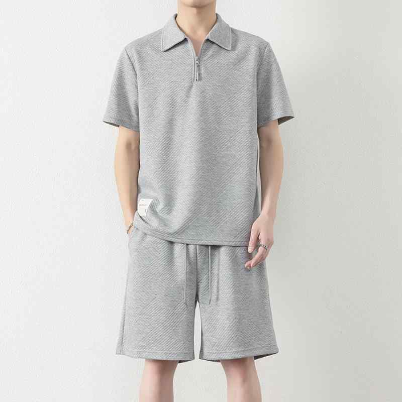 セットアップ メンズ カジュアル スポーツウェア ポロシャツ 半袖 ショートパンツ 薄手 普段使い ポリエステル 上下セット 春夏 グレー 黒 白 カーキ