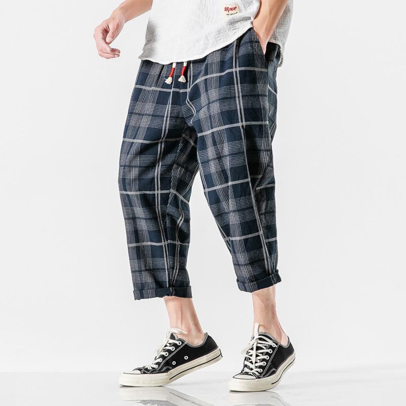 パンツ メンズ 9分丈 クロップドパンツ 綿麻混 ストレート ワイドシルエット チェック柄 ゆったり 薄手 夏 サマー カジュアル 普段使い リラックス リゾートウェア 吸湿速乾 通気性 ブラック ブルー カーキ