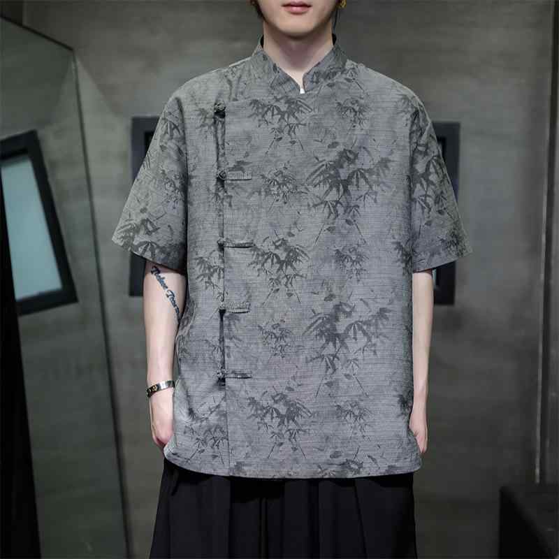 シャツ メンズ 半袖 綿麻 薄手 ゆったり 大きいサイズ 新中国風 レトロ スタンドカラー 開襟 春夏 無地 普段使い カジュアル ノーアイロン アイボリー グレー