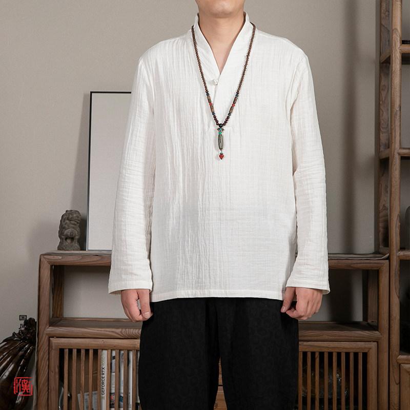 Tシャツ メンズ 男性用 秋冬 長袖 ゆったり ルーズフィット コットン 無地 漢服風襟 チャイナ風 禅スタイル レトロ クラシック インナー カットソー プルオーバー 普段使い 部屋着 カジュアル 快適 ホワイト キャメル
