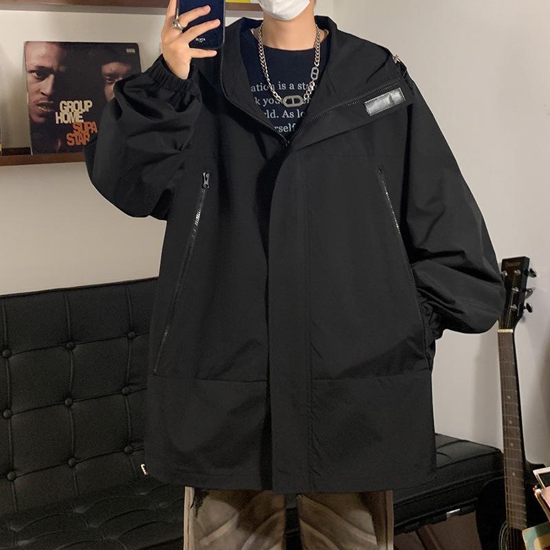 ジャケット メンズ 春秋 フード付き ブルゾン アメリカン ストリートカジュアル ワークジャケット 機能性 通気性 ゆったり ルーズシルエット ポリエステル 高級感 アウター ブラック レッド アプリコットカラー