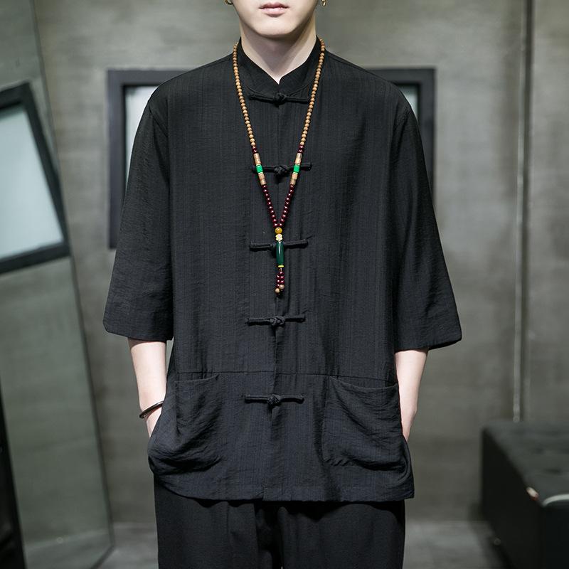 シャツ メンズ 男性用 中国風 禅スタイル 居士服 唐装 漢服 レトロ 五分袖 接触冷感 ポリエステル 大きいサイズ ゆったり 夏 黒 コーヒーカラー