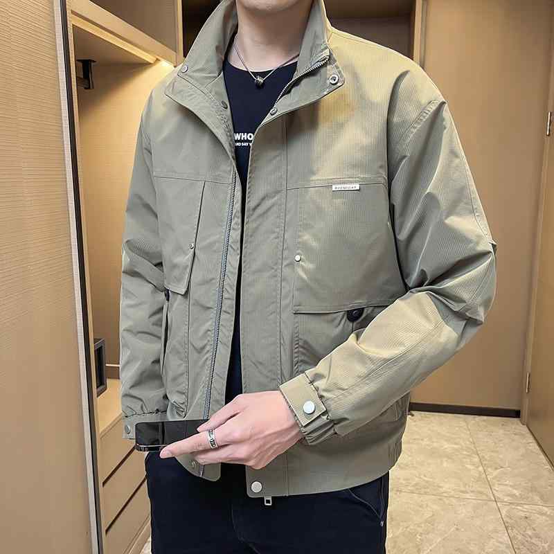 ジャケット メンズ 男性用 春秋 カジュアル ワイルド系 アウター スタンドカラー ポリエステル 通気性 着回し カーキ ブラック