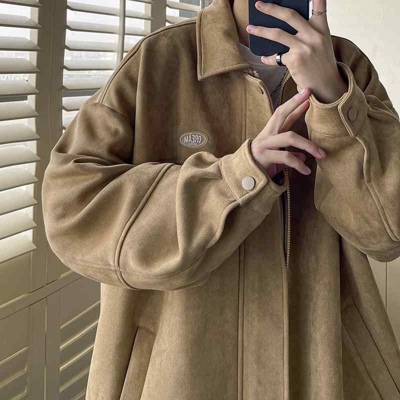スタジャン メンズ スエード調 ジャケット ルーズフィット ゆったり ビッグシルエット レトロ ヴィンテージ風 ヒップホップ ストリート 韓国風 カジュアル 春秋 アウター ブラウン ブラック