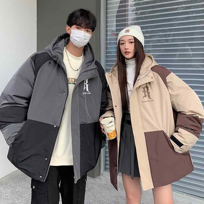 中綿ジャケット 男女兼用 ユニセックス 秋冬 フード付き 厚手 防寒 ペアコーデ 切り替え レタープリント ゆったり オーバーサイズ ワークテイスト カジュアル ストリート アウター ポリエステル