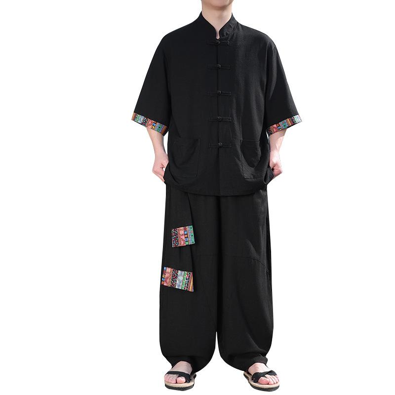 セットアップ メンズ 春夏 薄手 涼しい 接触冷感 半袖シャツ 中国風 唐装 リネン レーヨン混紡 ゆったりワイドパンツ 上下セット 黒 赤 アイボリー