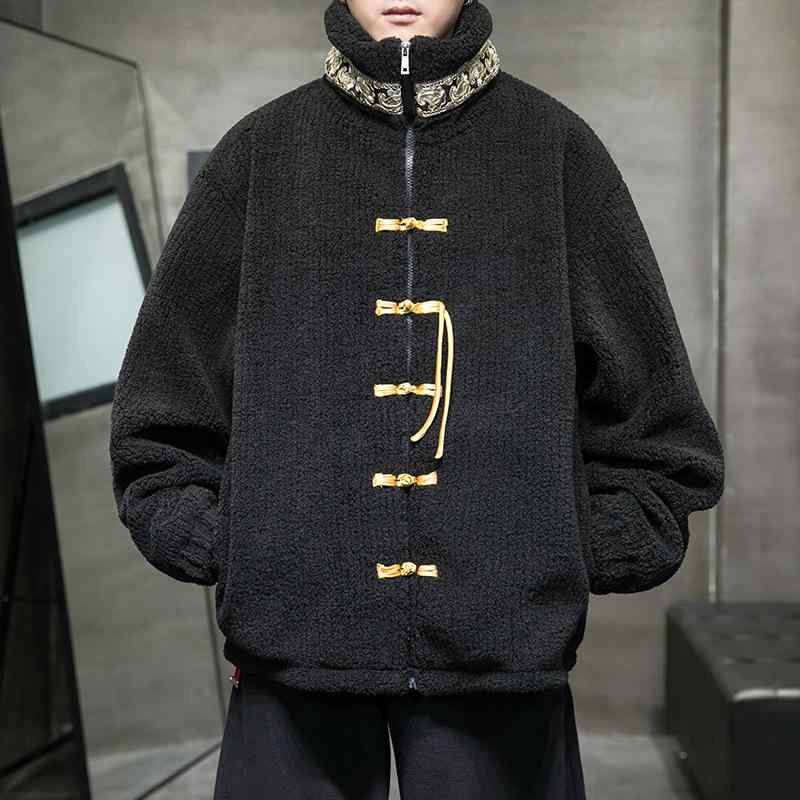 コート メンズ 中国風 唐装風 中綿コート 羊羔絨 ボア ポリエステル スタンドカラー 立ち襟 刺・墸 麦穂 デザイン 盤ボタン 大きいサイズ ビッグサイズ ゆったり カジュアル 冬物