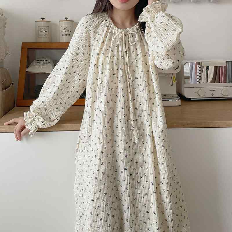 ワンピース レディース 韓国風 綿 コットン 小花柄 ロング丈 部屋着 ルームウェア ゆったり プルオーバー 長袖 リボンデザイン ワンマイルウェア 快適 リラックス