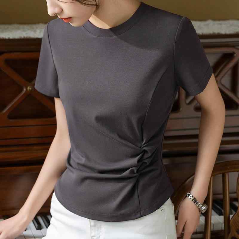 Tシャツ レディース 半袖 春夏 コットン 無地 ラウンドネック きれいめシルエット ウエストマーク ギャザーデザイン スリムフィット トップス 上品 エレガント 通勤 オフィス カジュアル