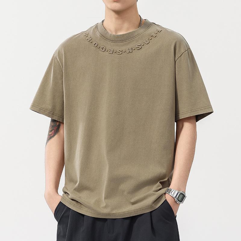 Tシャツ メンズ アメリカン レトロ ビンテージ 高級感 エンボス 立体アルファベット ロゴ 半袖 クルーネック ゆったり オーバーサイズ ヘビーウェイト 厚手 綿 春夏 カジュアル 吸湿速乾 ブラック カーキ