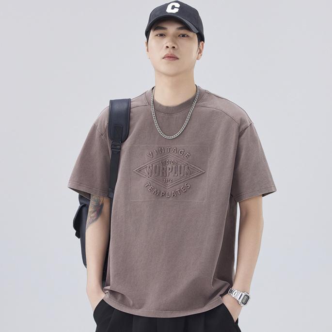 Tシャツ メンズ 春夏 半袖 クルーネック 綿 コットン 立体プリント 文字ロゴ アメカジ アメリカンレトロ ウォッシュ加工 コーヒーブラウン ゆったり ビッグシルエット カジュアル ストリート 吸湿速乾 トップス