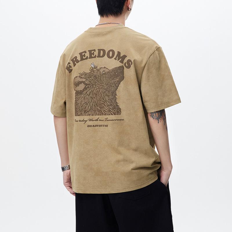 Tシャツ メンズ 男性 ヘビーウェイト 綿 コットン 半袖 ゆったり 大きいサイズ ビッグシルエット ストリート カジュアル 夏 アニマルプリント クルーネック 吸湿速乾 カーキ ブラック