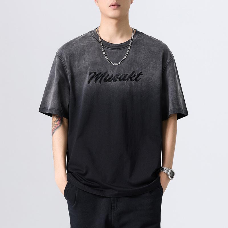 Tシャツ メンズ ビッグシルエット ゆったり 半袖 クルーネック ドロップショルダー グラデーション プリント 薄手 コットン 吸湿速乾 春夏 アメカジ カジュアル アルファベット刺繍