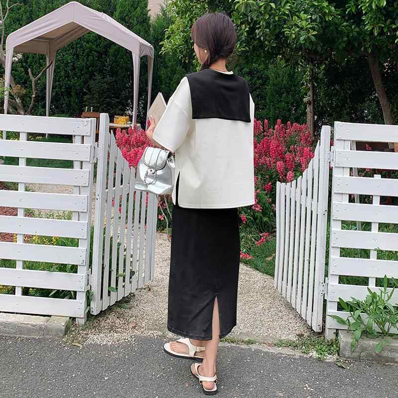 セットアップ レディース 女性用 低身長向け スクール風 学生風 夏 半袖 ショール風トップス スリット Aラインスカート 2点セット きれいめ カジュアル 通勤 ツーピース ポリエステル