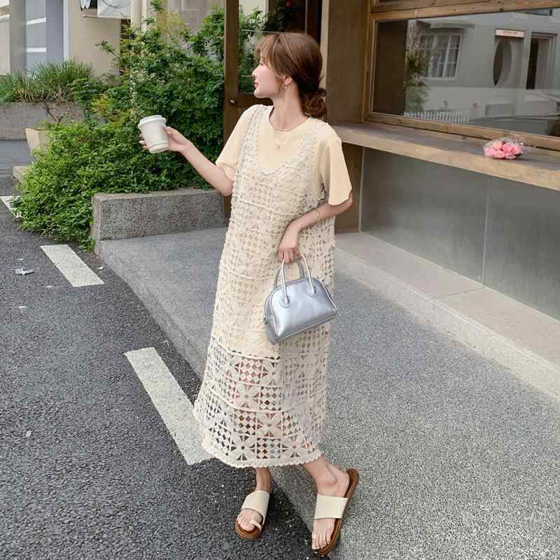 ワンピース レディース 2点セット レース シアー タンクトップ ブルー オフホワイト Tシャツワンピース ポリエステル ロング丈 クルーネック 半袖 ハイウエスト 春夏 カジュアル おしゃれ リラックス 普段使い 無地