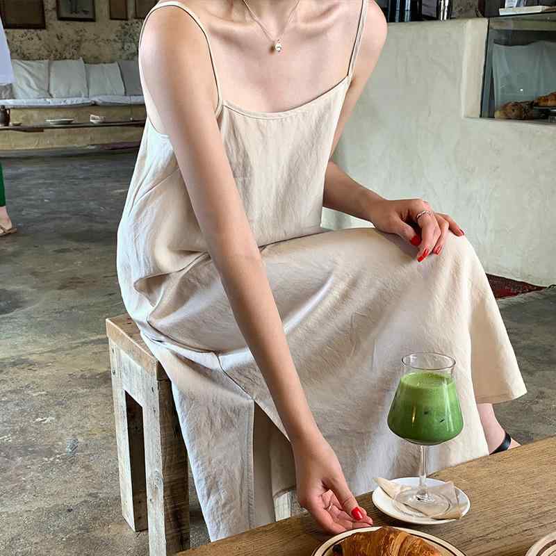 ワンピース キャミソール リゾート 春夏 ミモレ丈 綿 ゆったり ノースリーブ バックリボン オープンバック Aライン 無地 ルームウェア かわいい フェミニン アプリコット グリーン