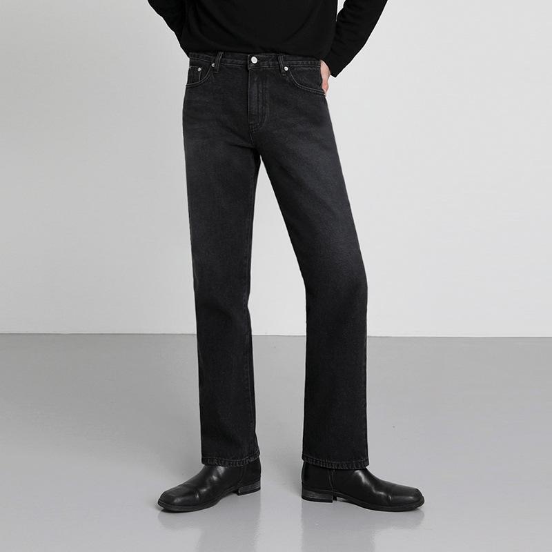 デニムパンツ メンズ 春秋 カジュアル ロング丈 韓国風 トレンド ルーズ ストレート 裏起毛 ウォッシュ加工 綿 ドローストリング ブラック｜おうち健康生活