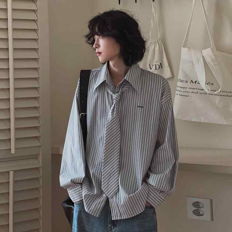 メンズ シャツ ストライプ柄 長袖 スクール風 制服 カジュアル ゆったり ルーズフィット 韓国ファッション 春 普段使い 通学 インナー トップス コットン 襟付き｜おうち健康生活