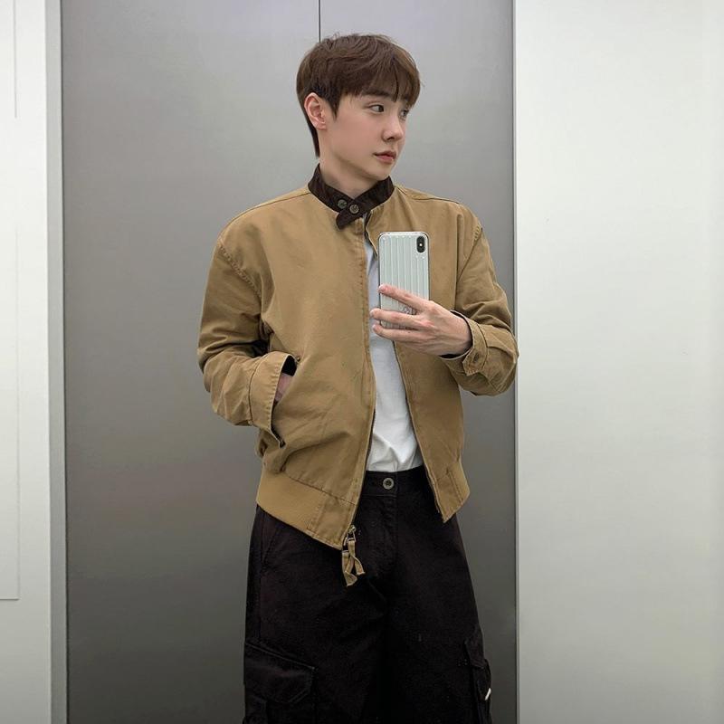 ジャケット メンズ 男性用 切り替え スタンドカラー ジップアップ ゆったり ルーズ カジュアル アウター 韓国風 トレンド 高級感 個性的 春物 トップス コットン ネイビー カーキ