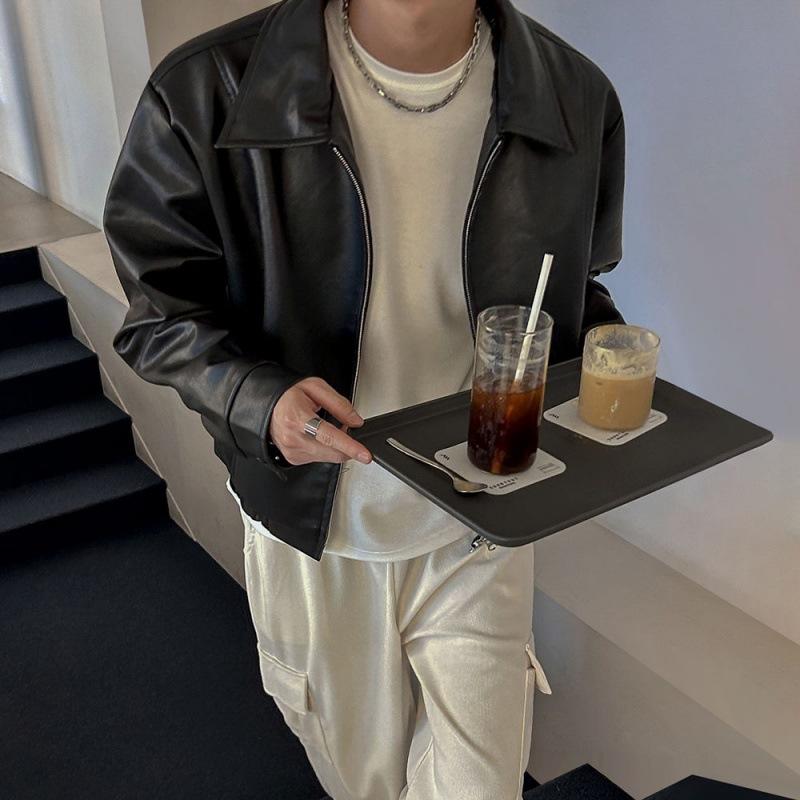 レザージャケット メンズ 春夏 PUレザー 革ジャン ショート丈 襟付き ゆったり オーバーサイズ 韓国風 高級感 カジュアル ブラック