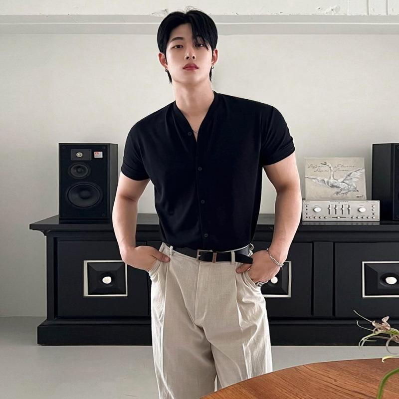 Tシャツ メンズ 開襟 半袖 Vネック デザイン感 スリムフィット コットンブレンド ストレッチ 韓国風 通勤 普段使い 春夏 ブラック トップス