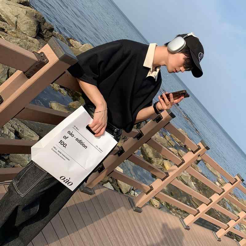 ポロシャツ メンズ 半袖 ゆったり オーバーサイズ カラーブロック 襟付き 韓国風 トレンド カジュアル 普段使い カップル ペア 綿混 ポリエステル混 春夏