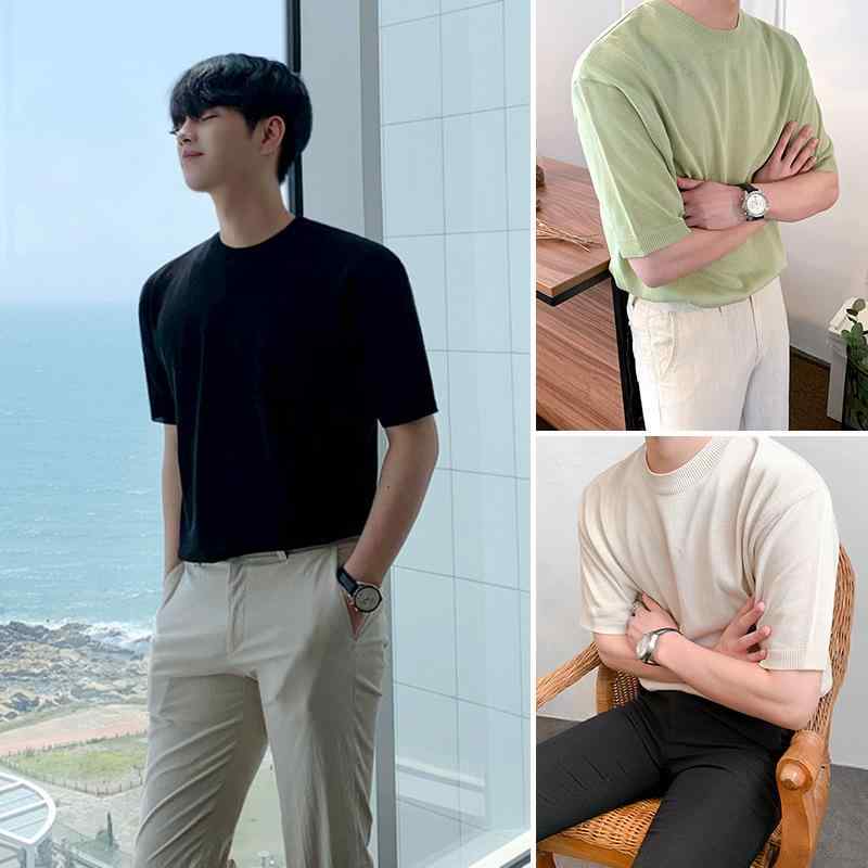 Tシャツ メンズ 男性用 夏 半袖 クルーネック 無地 ニット スリムフィット 韓国風 着回し トレンド カジュアル 普段使い カーキ 黒