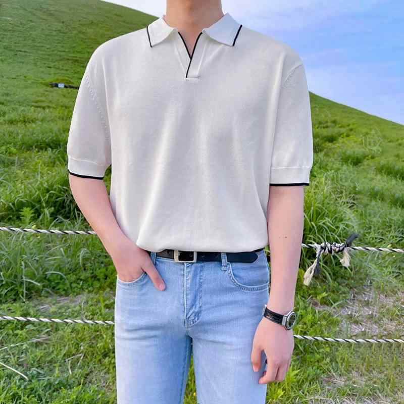 Tシャツ メンズ 男性用 襟付き ニット 半袖 ポロシャツ ゆったり ルーズフィット ビッグシルエット カジュアル 普段使い 部屋着 韓国風 トレンド 綿 コットン 春夏 アイボリー