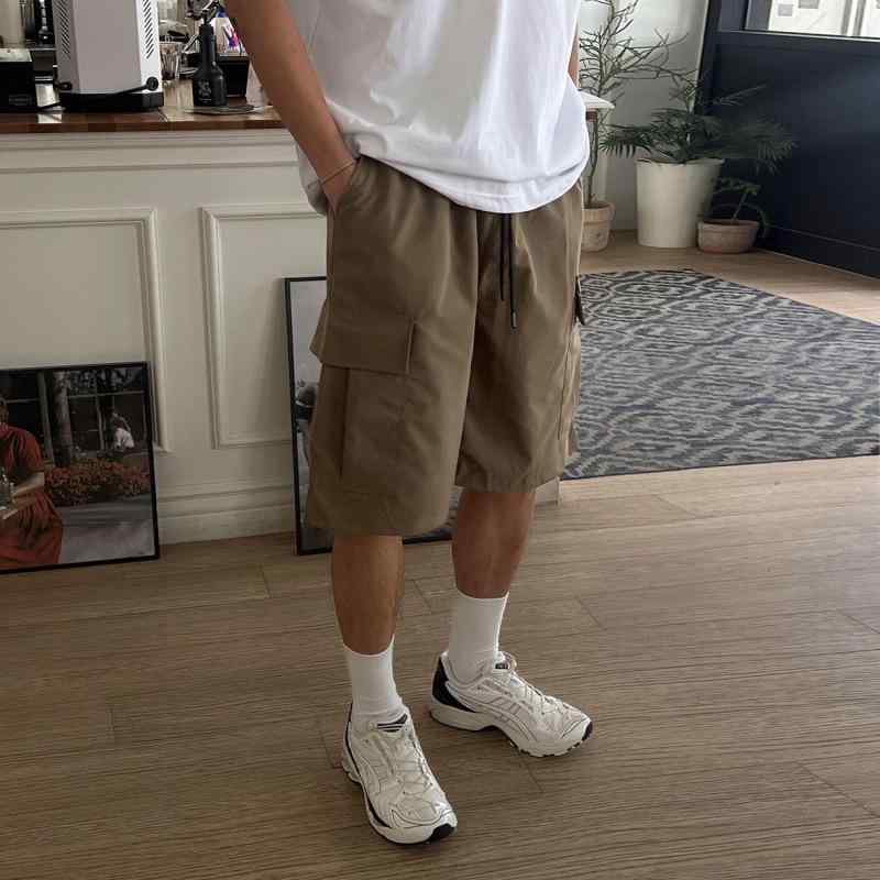 ハーフパンツ メンズ ストレート ルーズ ワイド カジュアル ショートパンツ ワークパンツ カーゴパンツ ナイロン サマー 通勤 普段使い カーキ ストリート