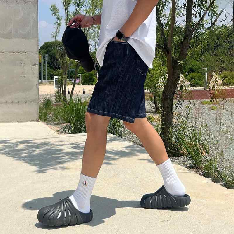 ハーフパンツ メンズ デニム ジーンズ ゆったり ストレート 5分丈 韓国風 トレンド 高級感 春夏 薄手 ブルー 微ストレッチ ボトムス 普段使い カジュアル 綿混