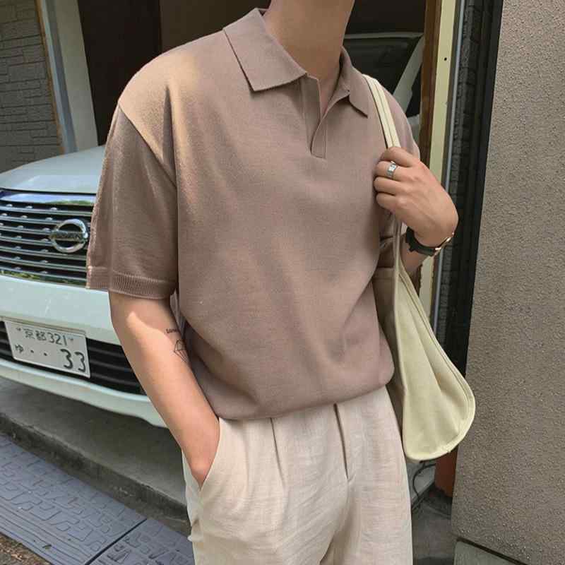 ニットポロシャツ メンズ 半袖 プルオーバー 韓国風 トレンド ストレートシルエット トップス カジュアル 春夏 普段使い 旅行 ポリエステル素材 ブラック カーキ|おうち健康生活