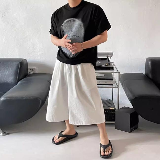 ボトムス メンズ 男性 ワイド 七分丈 ハーフ丈 ゆったり カジュアル 韓国風 個性的 デザイン 春夏 ポリエステル素材 微ストレッチ ホワイト ブラック