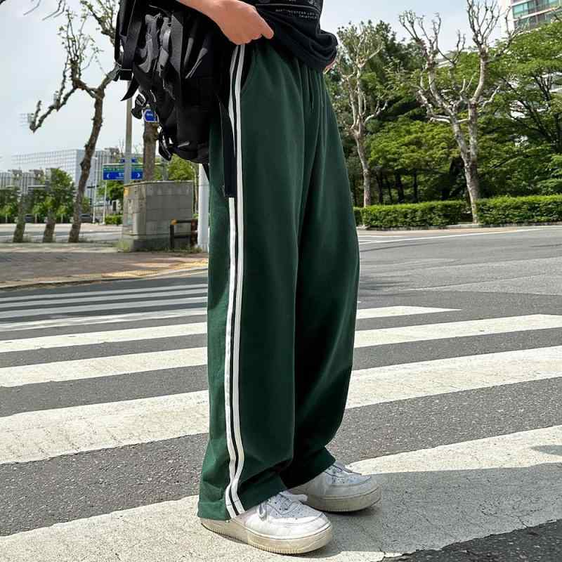 スウェットパンツ メンズ 夏用 配色ストライプ 綿 ルーズフィット ドレープ感 ストレート ドローストリング 通気性 ストレッチ
