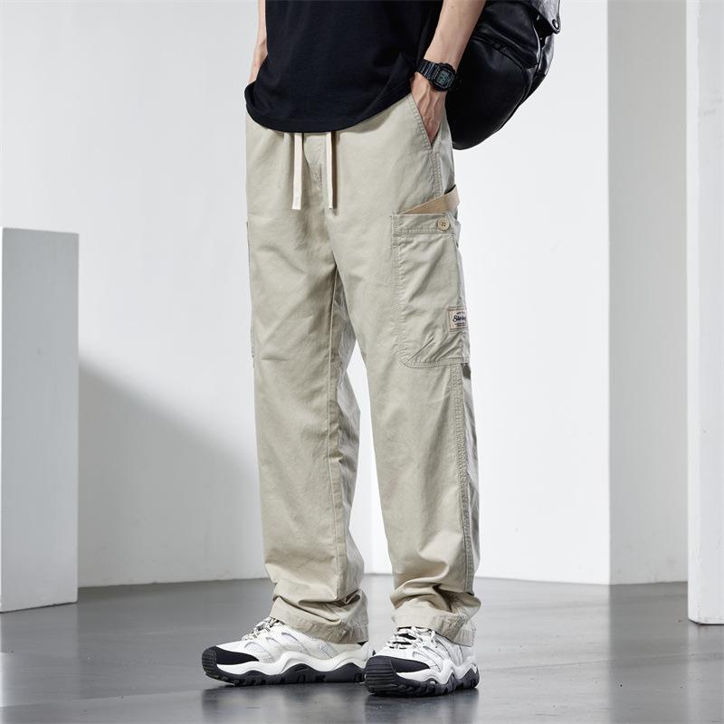 カーゴパンツ メンズ 男性用 ゆったり ルーズフィット ストレート ワイド 多ポケット ウエストゴム コットン ロング丈 カジュアル ワーク ボトムス 春夏秋 ブラック カーキ