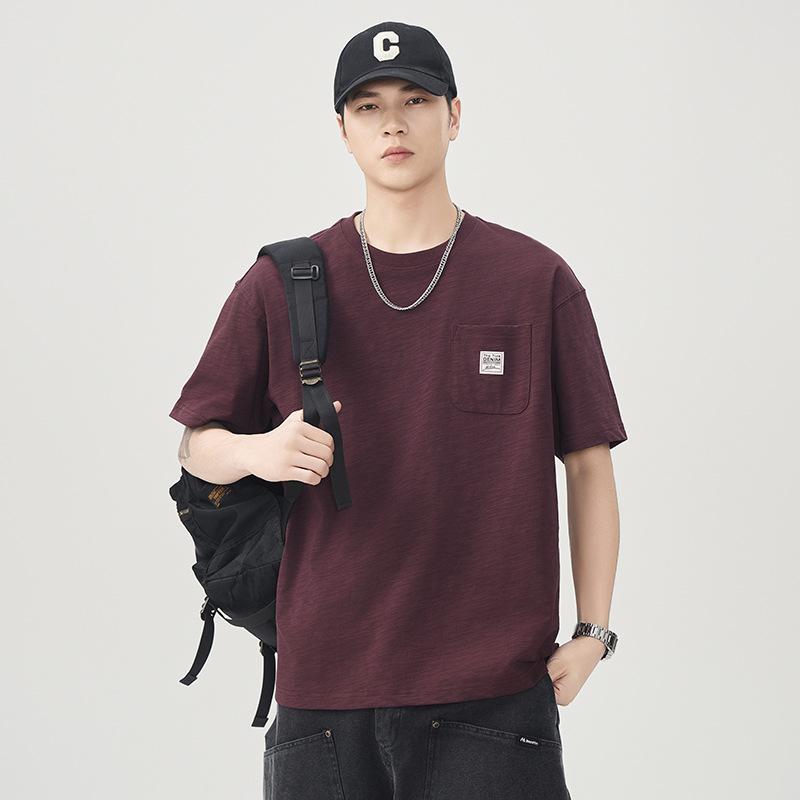 Tシャツ メンズ ヘビーウェイト 綿 半袖 クルーネック ビッグシルエット ドロップショルダー オーバーサイズ 無地 アメカジ レトロ カジュアル ストリート 夏 通気性 ワインレッド