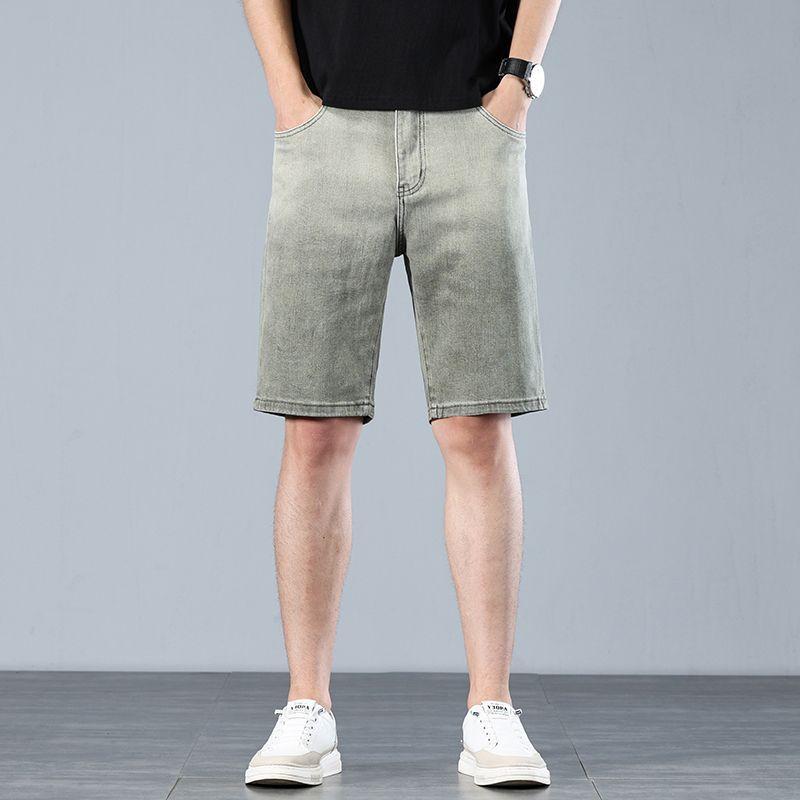 デニム ショートパンツ メンズ ハーフパンツ スリム ストレート 薄手 軽量 カジュアル 普段使い 春夏 ミドルウエスト ウォッシュ加工 ストレッチ 綿 ポケット付き グリーン