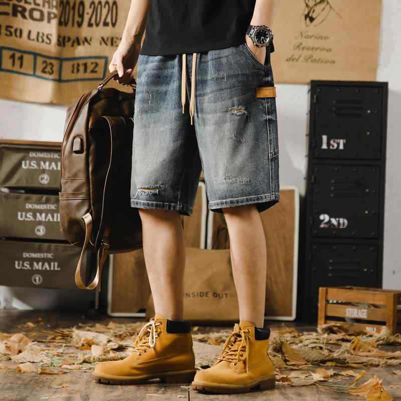デニム ショートパンツ メンズ ダメージ加工 クラッシュ ルーズフィット ゆったり 大きいサイズ ビッグサイズ ハーフパンツ 薄手 ウォッシュ加工 夏物 綿 アメリカンカジュアル レトロ ストリート ブルー
