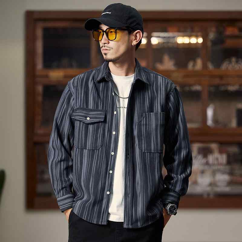 シャツ メンズ コーデュロイ ストライプ プリント レトロ アメカジ オーバーサイズ 長袖 開襟 秋冬 アウター ブルゾン シワになりにくい 耐久性 ポリエステル