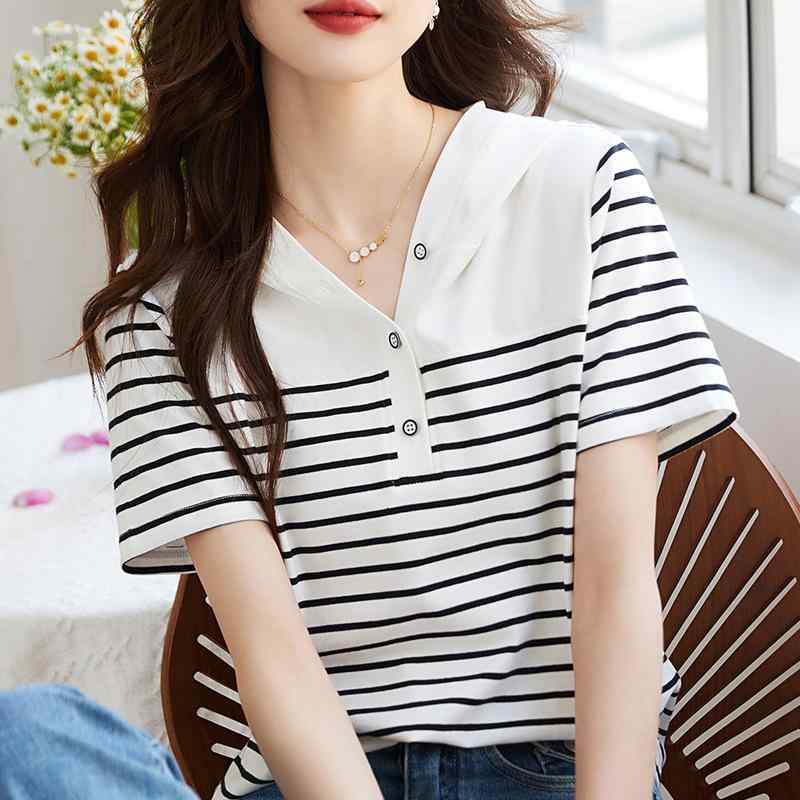 Tシャツ レディース 春夏 半袖 フード付き ストライプ柄 切り替え 薄手 シンプル ポリエステル素材 プルオーバー カジュアル 着回し ストレートシルエット 質感 モノトーン