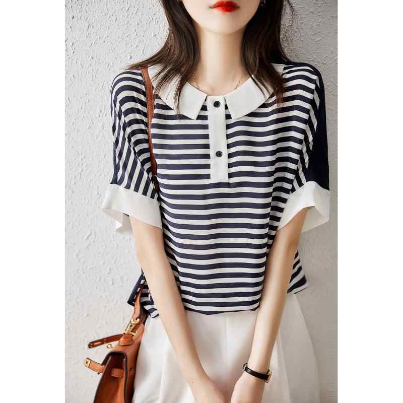 Tシャツ レディース 春夏 レトロモダン オーバーサイズ ゆったり ビッグシルエット 配色切り替え ストライプ柄 開襟 半袖 シルク調ポリエステル とろみ素材 ネイビー ホワイト カジュアル 通勤 オフィス エレガント フェミニン