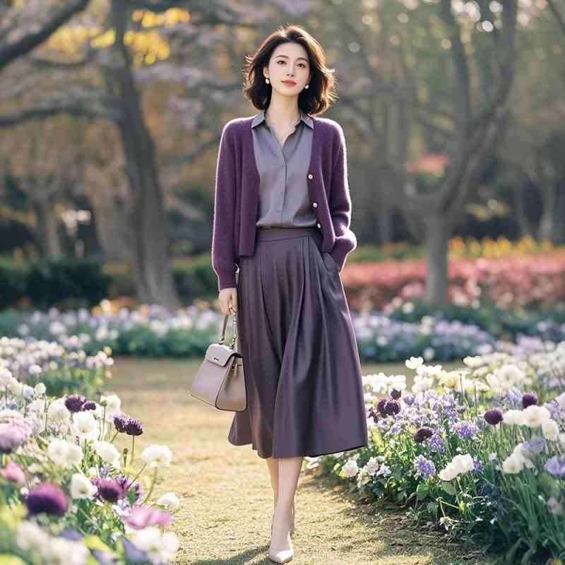 セットアップ レディース 春夏 表現スタイル引き上げる 着痩せ 今めかしい 流行り 好いたらしいめ 心地好い 編み物ジレー プルオーバー ミモレ丈スコート スリー天下太平 パープル ポリエステル 執務室 通い 普段使い