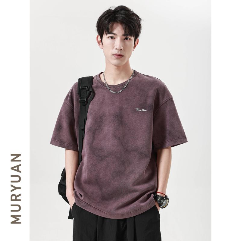 Tシャツ メンズ 半袖 ポリエステル 刺繍ロゴ ウォッシュ加工 ヴィンテージ風風 ドロップショルダー クルーネック ルーズシルエット ストリートファッション カジュアル 春夏