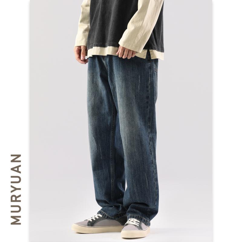 デニム パンツ メンズ ヴィンテージ風 レトロ ウォッシュ加工 ゆったり ストレート ダッドシルエット ビッグサイズ ブルー コットン 秋冬