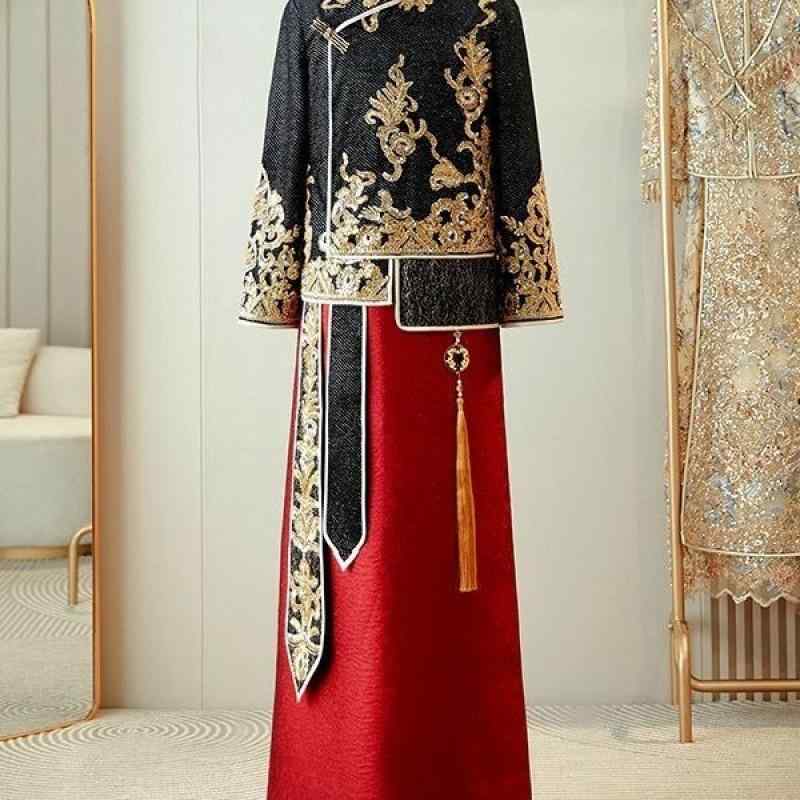 礼服 メンズ 男性 結婚式 新郎 披露宴 秀禾服 中国風 チャイナ服 龍鳳柄 レトロ フォーマル ポリエステル ブラック 宴会 衣装|おうち健康生活