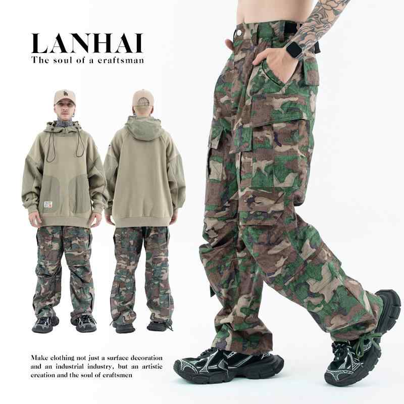 カーゴパンツ メンズ 迷彩柄 ビッグシルエット ルーズフィット ワイドストレート ゆったり 機能性 多機能ポケット 防水 防風 耐摩耗 ストリートファッション アメカジ 普段使い 大人カジュアル ワークパンツ ポリエステル ミリタリー ジップフライ