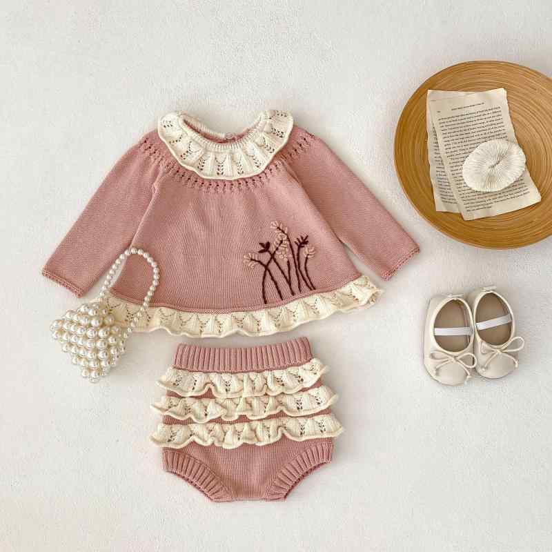 キッズ 女の子 秋冬 長袖 フリル襟 ニットトップス フリル ロングパンツ 綿 厚手 上下セット ベビー 幼児 かわいい パールピンク 通園 お出かけ 普段使い